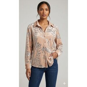 Boutique Taupe Bloom Sequin Button-Front Velvet Blouse Size Medium